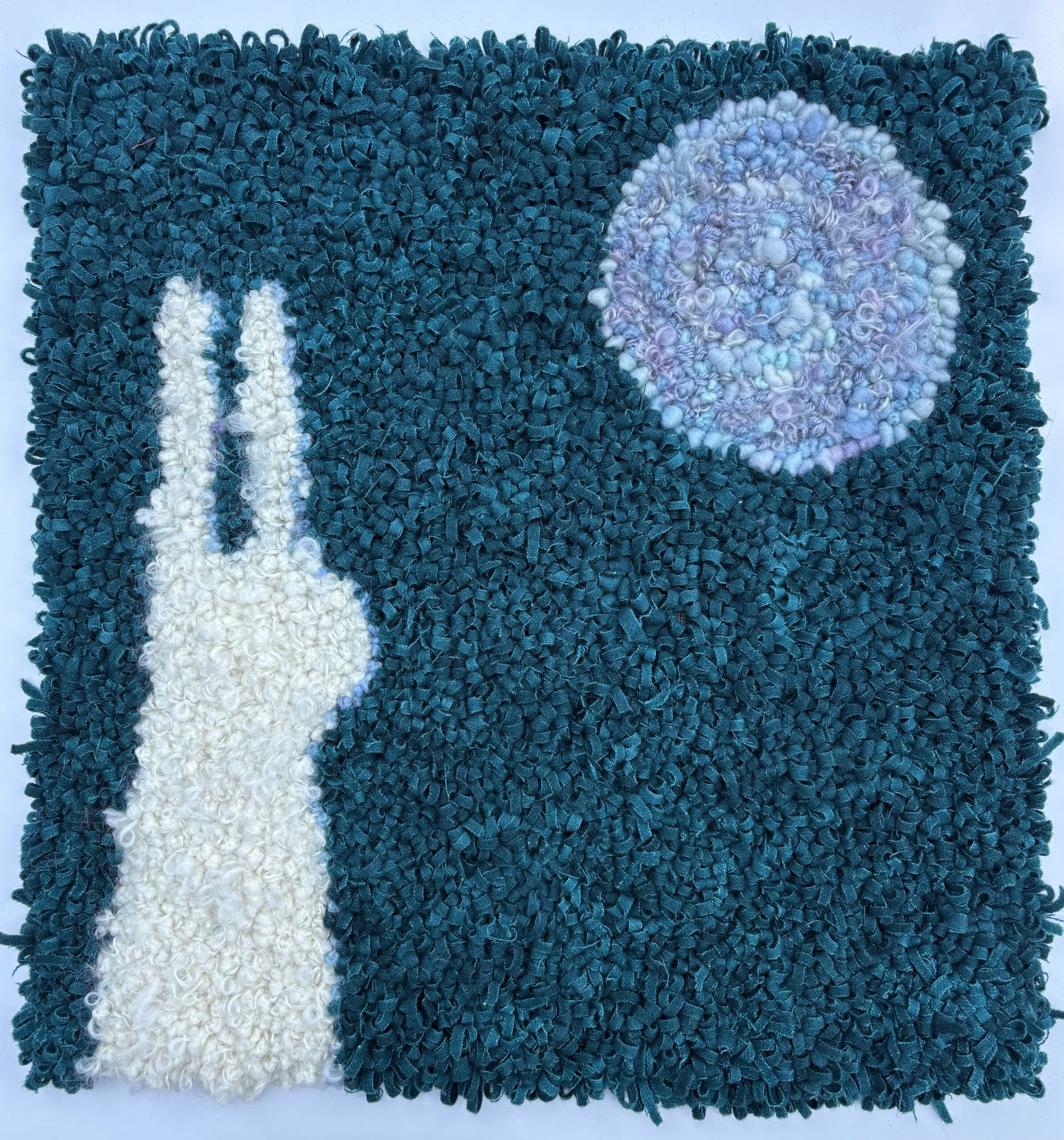 Blue Moon With Rose 2026 Hooked Rug, 23 x 23", wool, silk on linen.